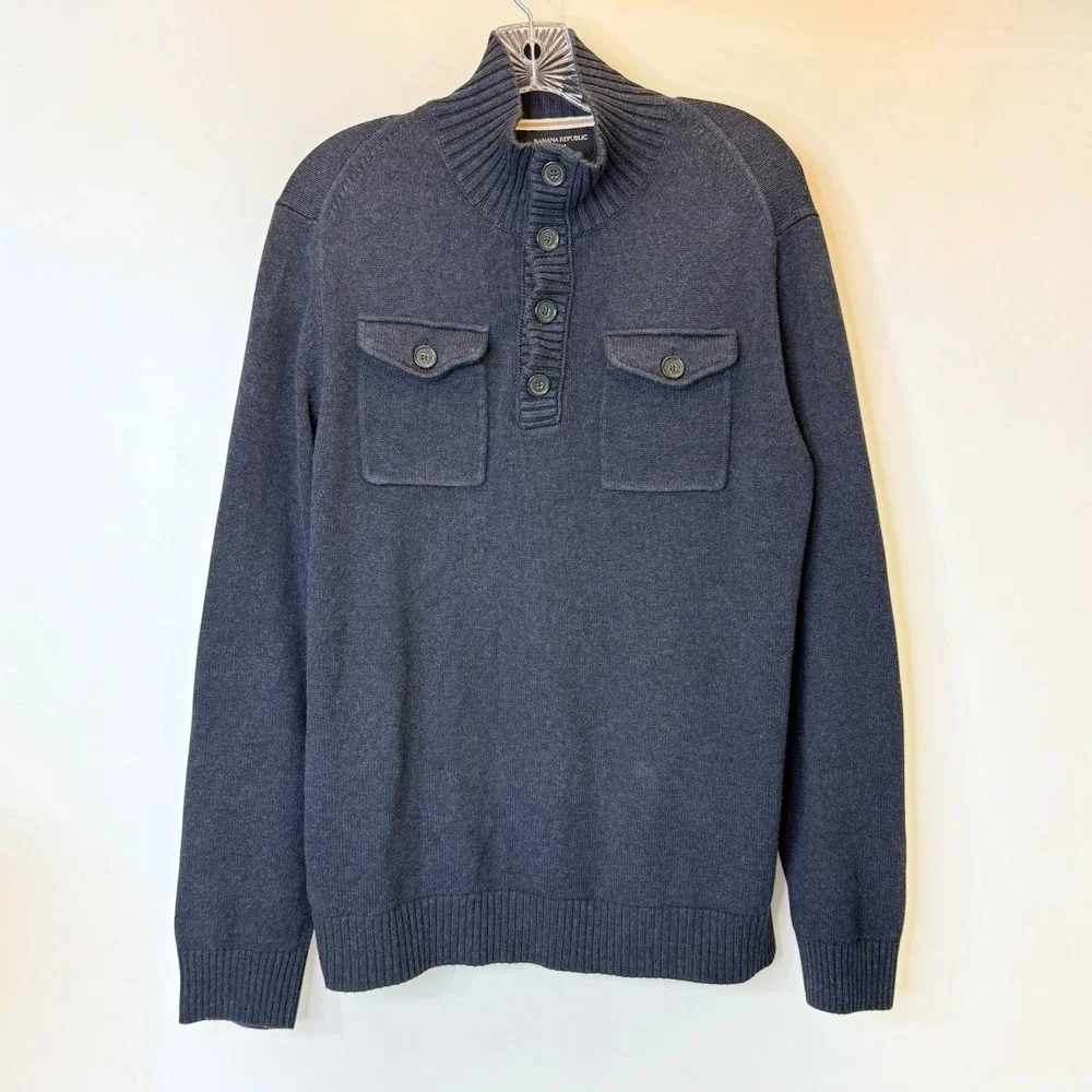Banana Republic Men's M Navy Mock Neck Button Knit Pullover Sweater Solid